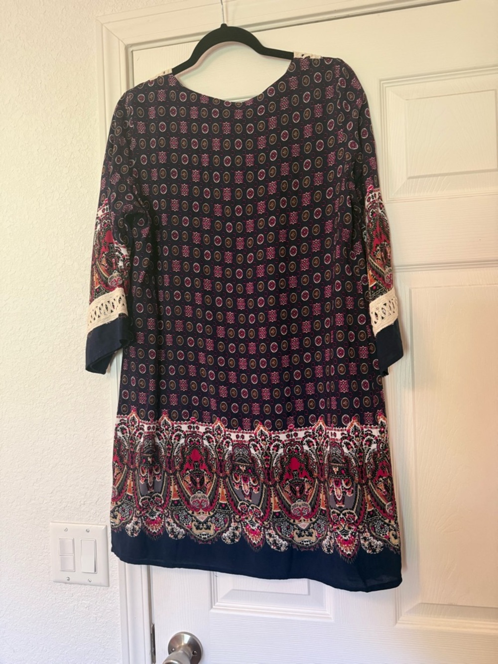 ENTRO Boho Lace-Up Mini Tunic Dress; Navy &pink - Picture 2 of 6